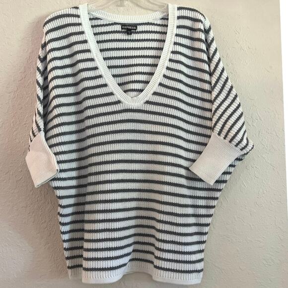 Express Striped Sweater Womens Size S Ivory Gray Vneck Preppy Casual Office - Picture 1 of 14